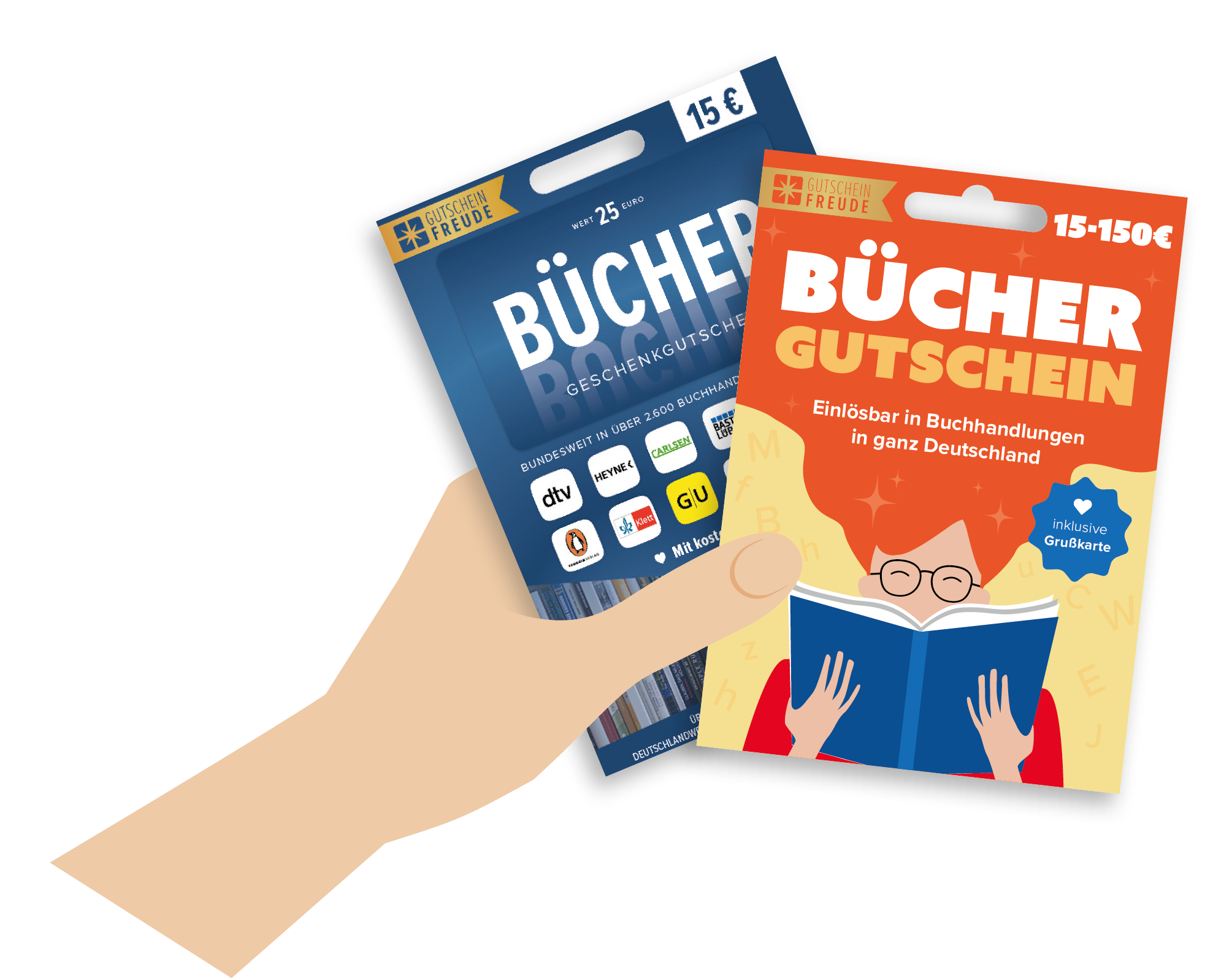 Hand hält zwei Büchergutschein-Motive